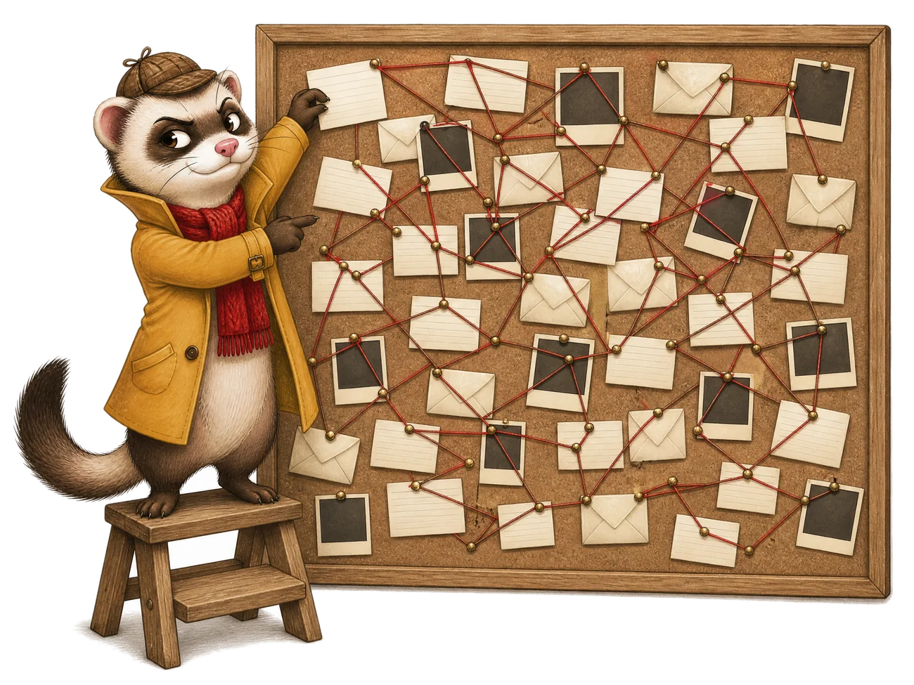 Ferris on a step stool pinning cards to a cork evidence board crossed with red string.