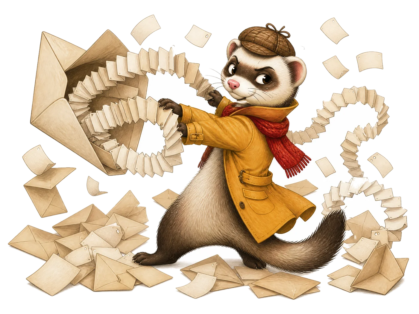 Ferris the ferret detective, in a yellow trench coat and deerstalker hat, hauling an endless paper chain of tags out of a giant envelope.