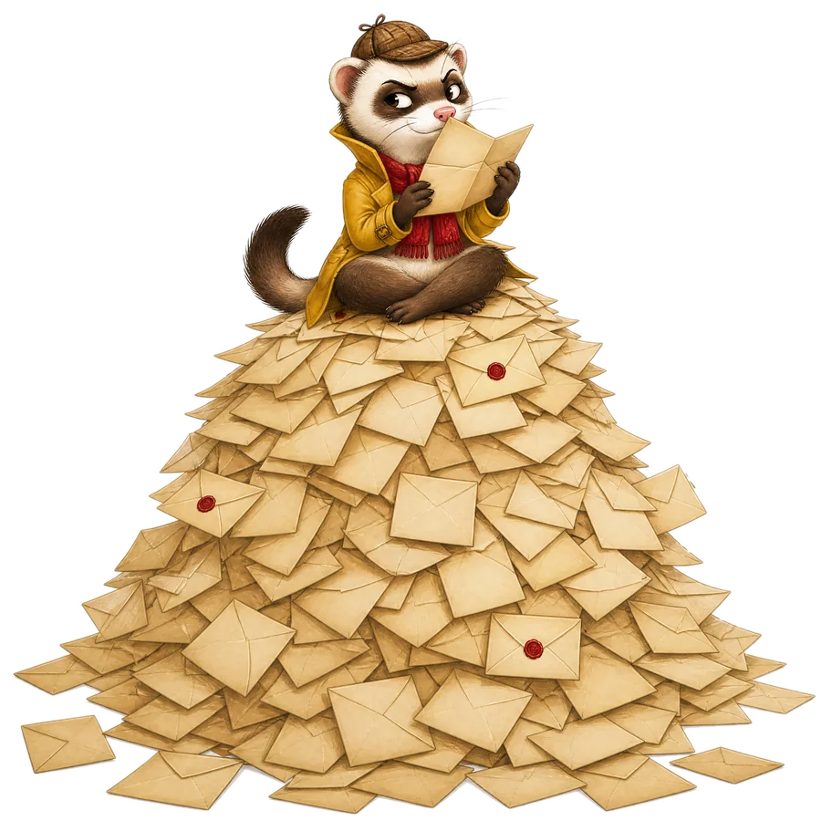 Ferris sitting on top of a mountain of envelopes, reading one with a smug grin.